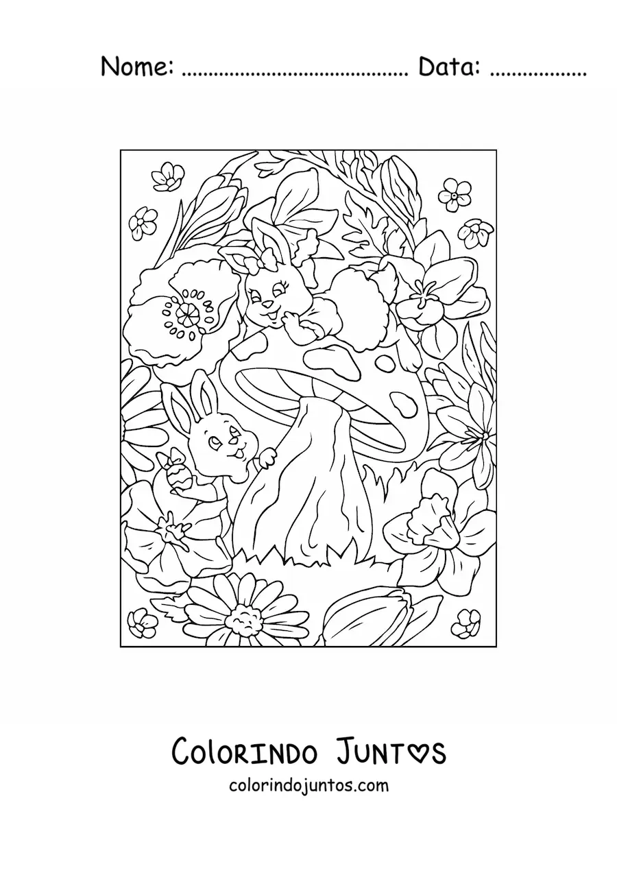 Desenho para colorir de dois coelhos animados com ovos de pascoa pequenos