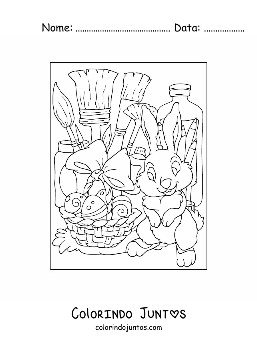 Desenho para colorir de um coelho da pascoa e materiais de arte