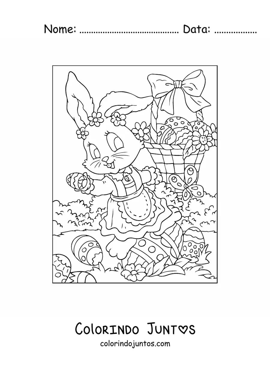 Desenho para colorir de uma coelha da pascoa distribuindo ovos