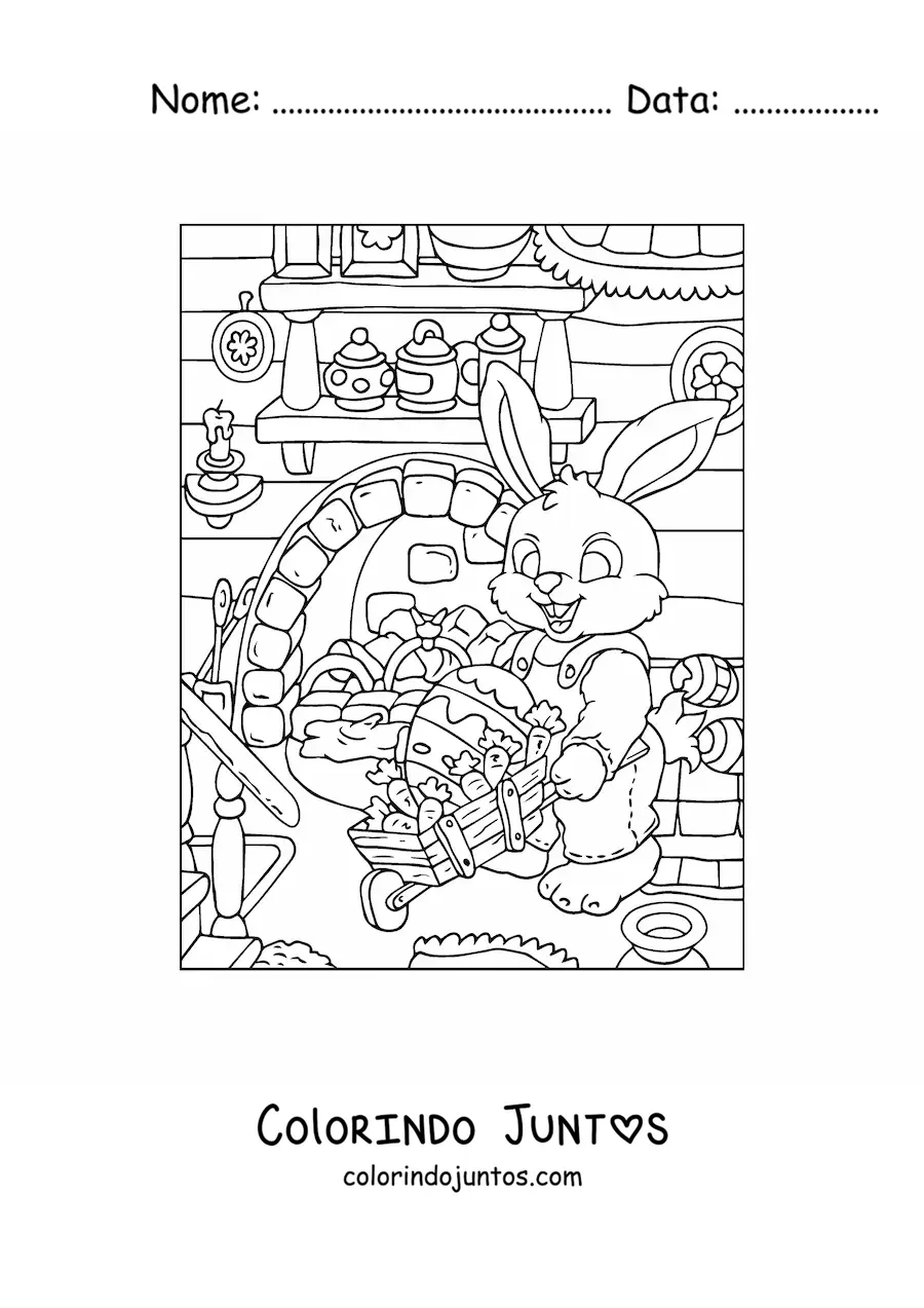 Desenho para colorir do coelho da pascoa com um carrinho de mao