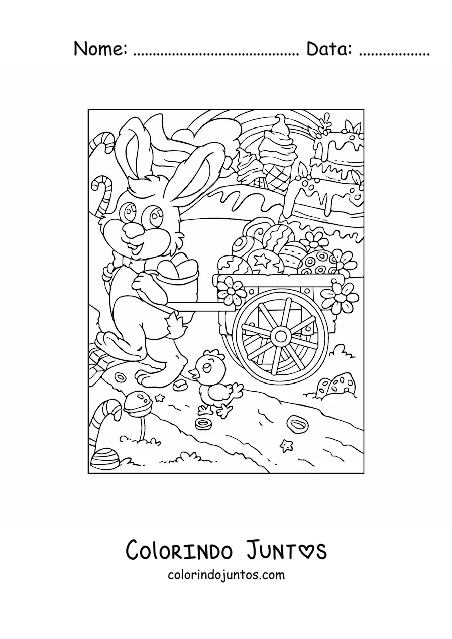 Desenho para colorir de um coelho com um carrinho de mao cheio de ovos de pascoa