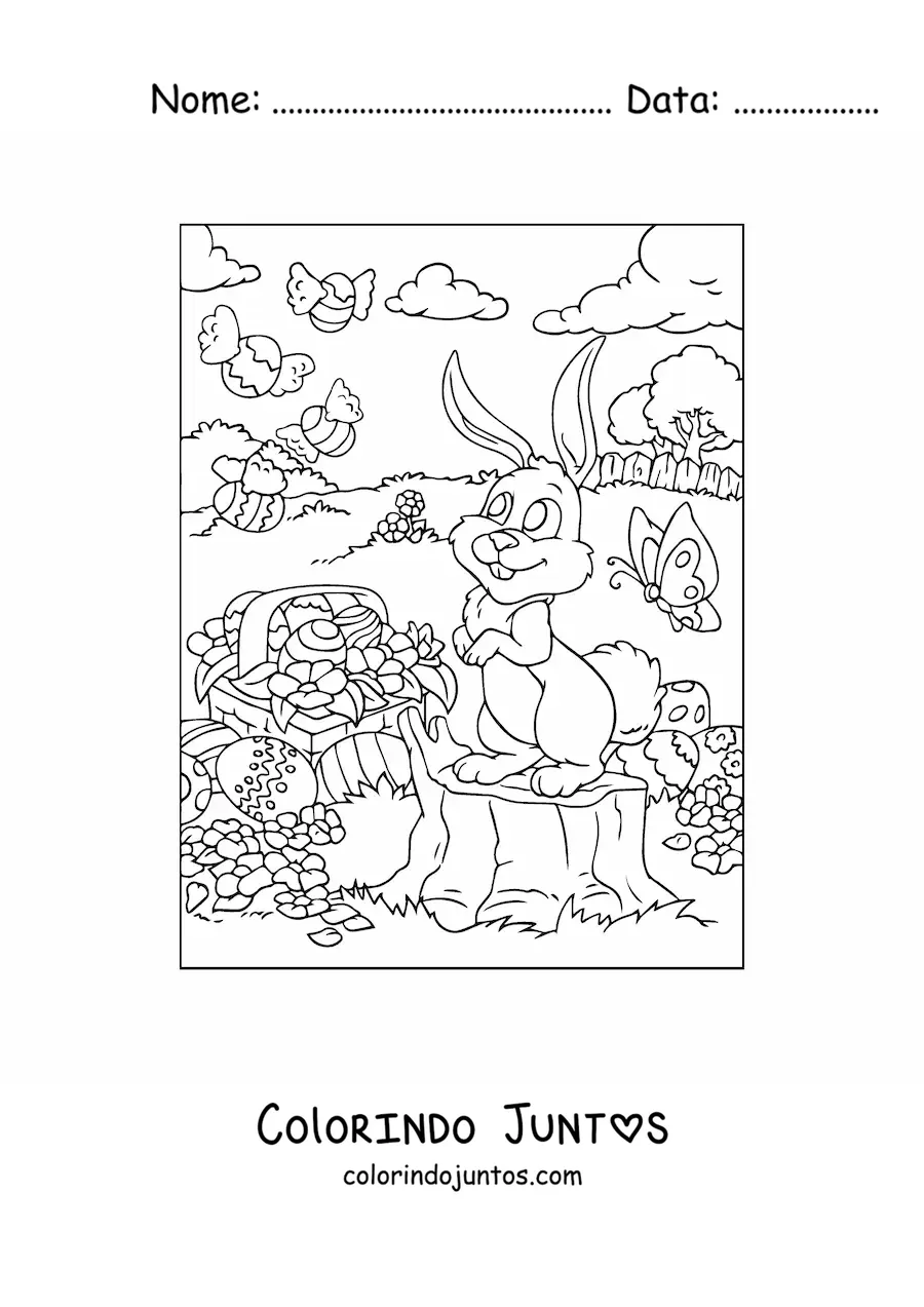 Desenho para colorir de um coelho com ovos de pascoa animados