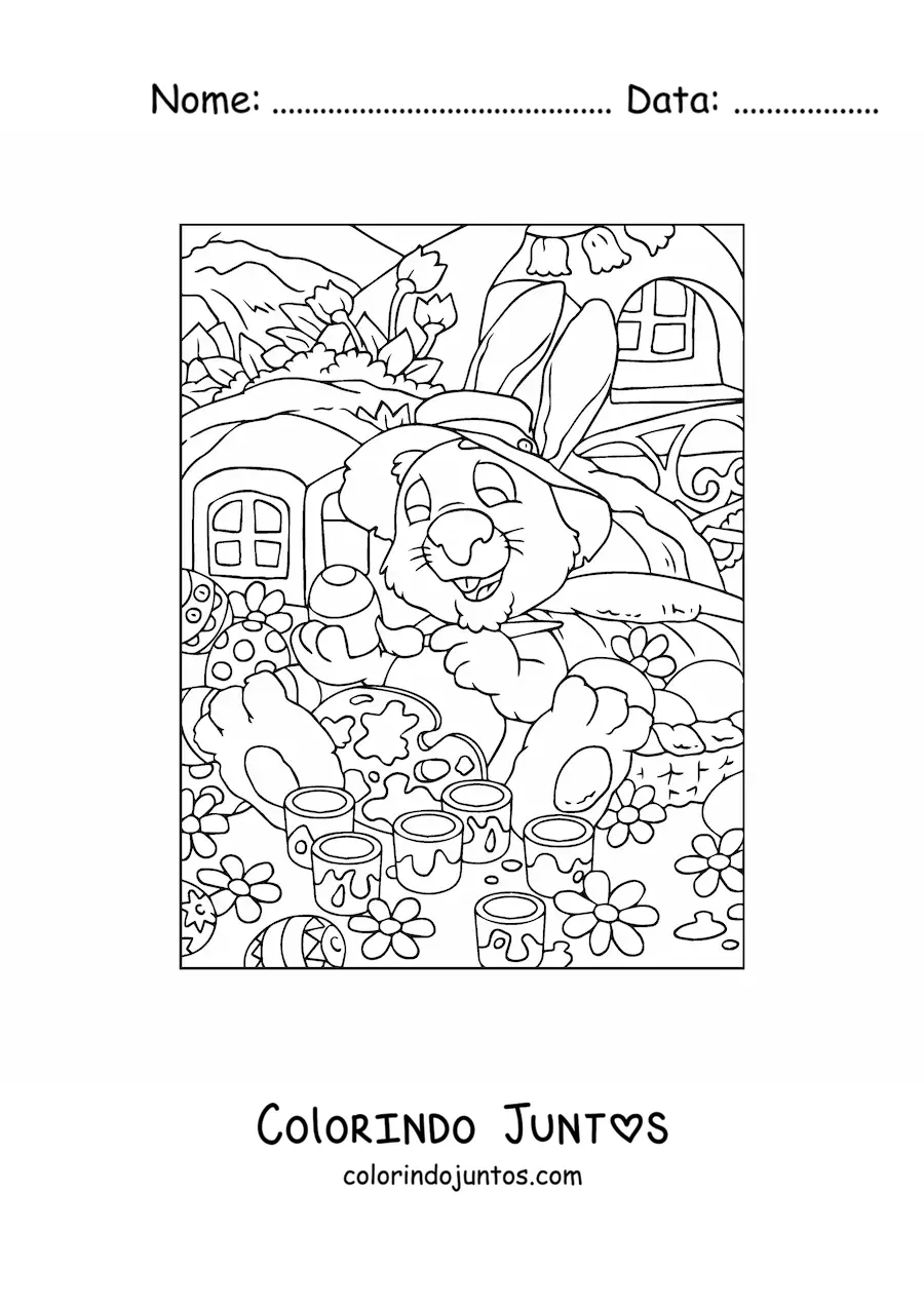 Desenho para colorir do coelho da pascoa com um chapeu pintando ovos