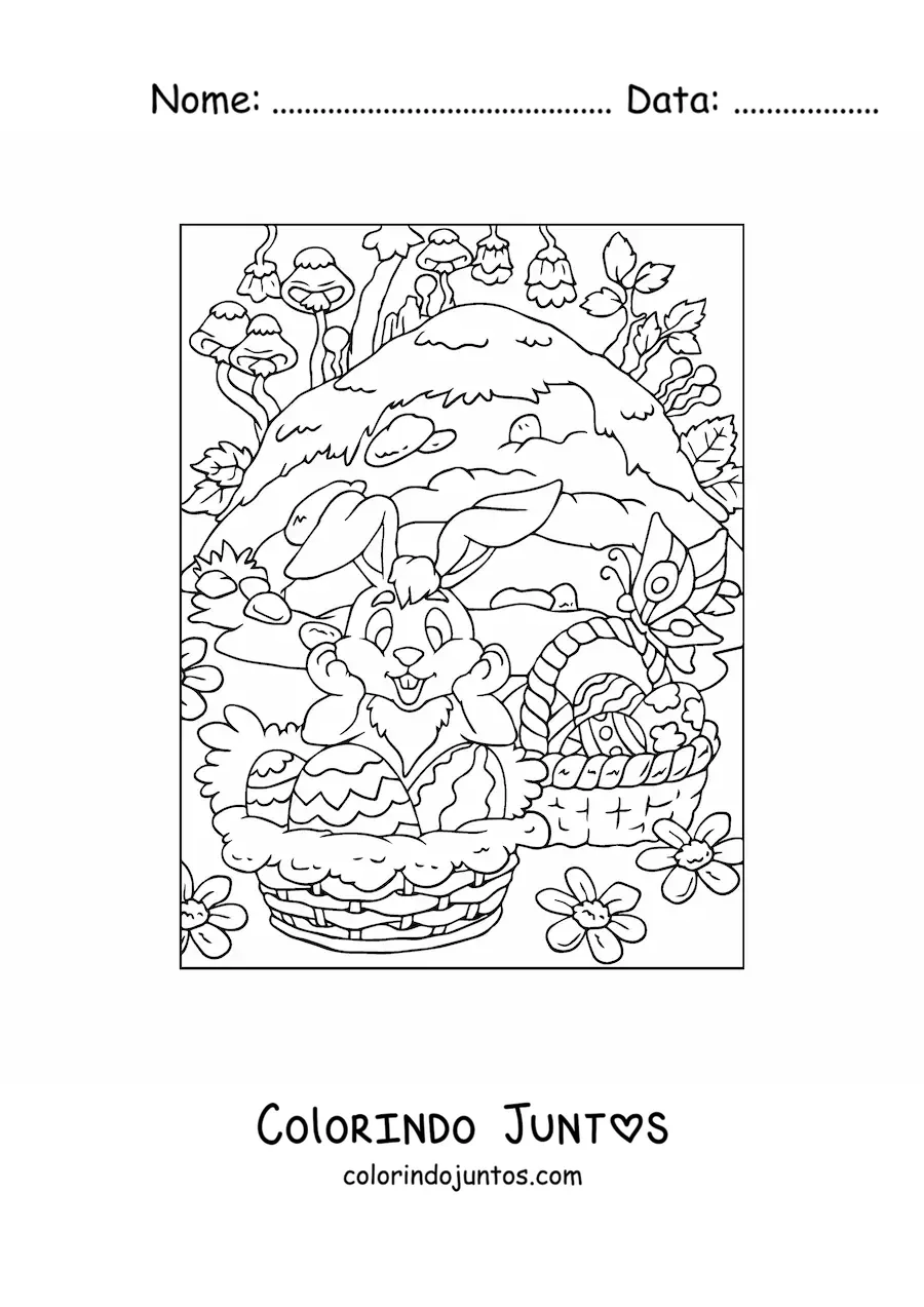 Desenho para colorir de um coelho animado com varios cestos de ovos de pascoa