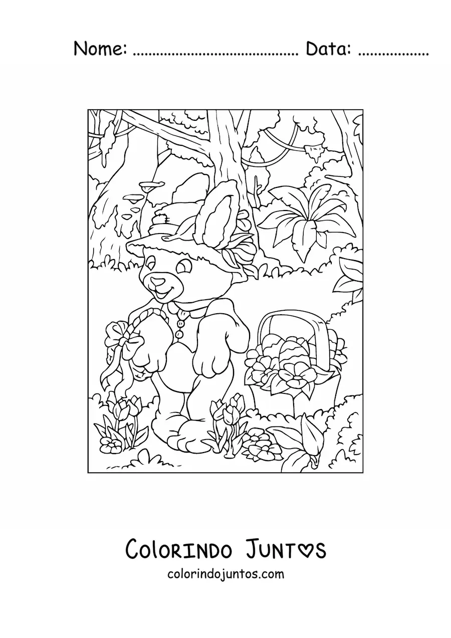 Desenho para colorir do coelho da pascoa com um chapeu e um cesto de ovos