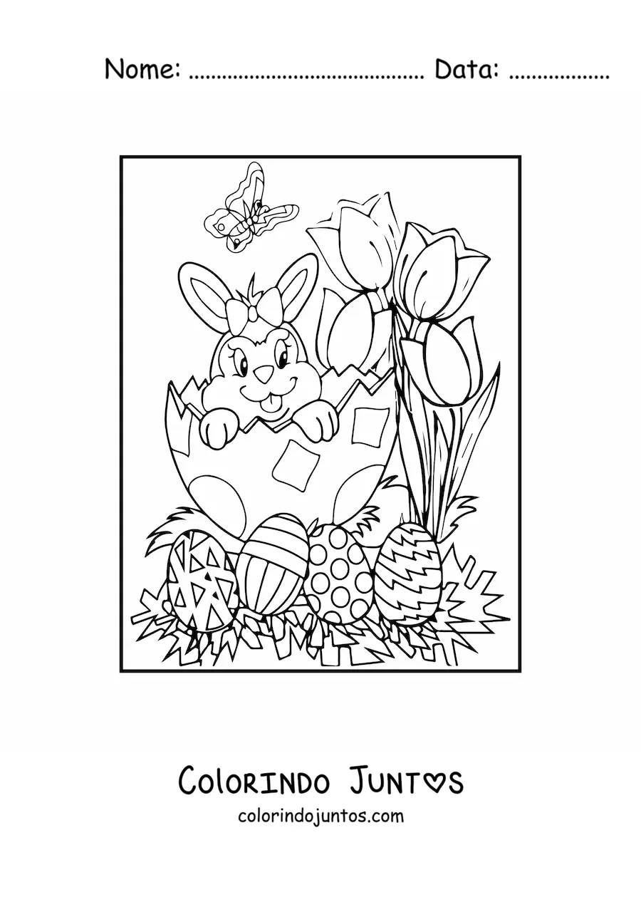 Desenho para colorir de uma coelha animada em um ovo de pascoa com flores