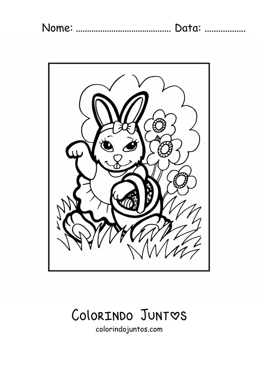 Desenho para colorir de uma coelha animada com ovos de pascoa e flores