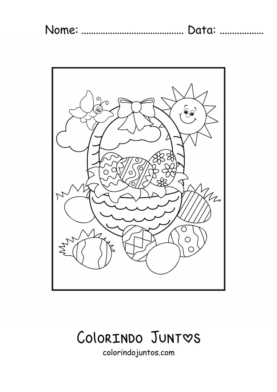 Desenho para colorir de uma cesta de ovos de pascoa com uma borboleta e um sol feliz