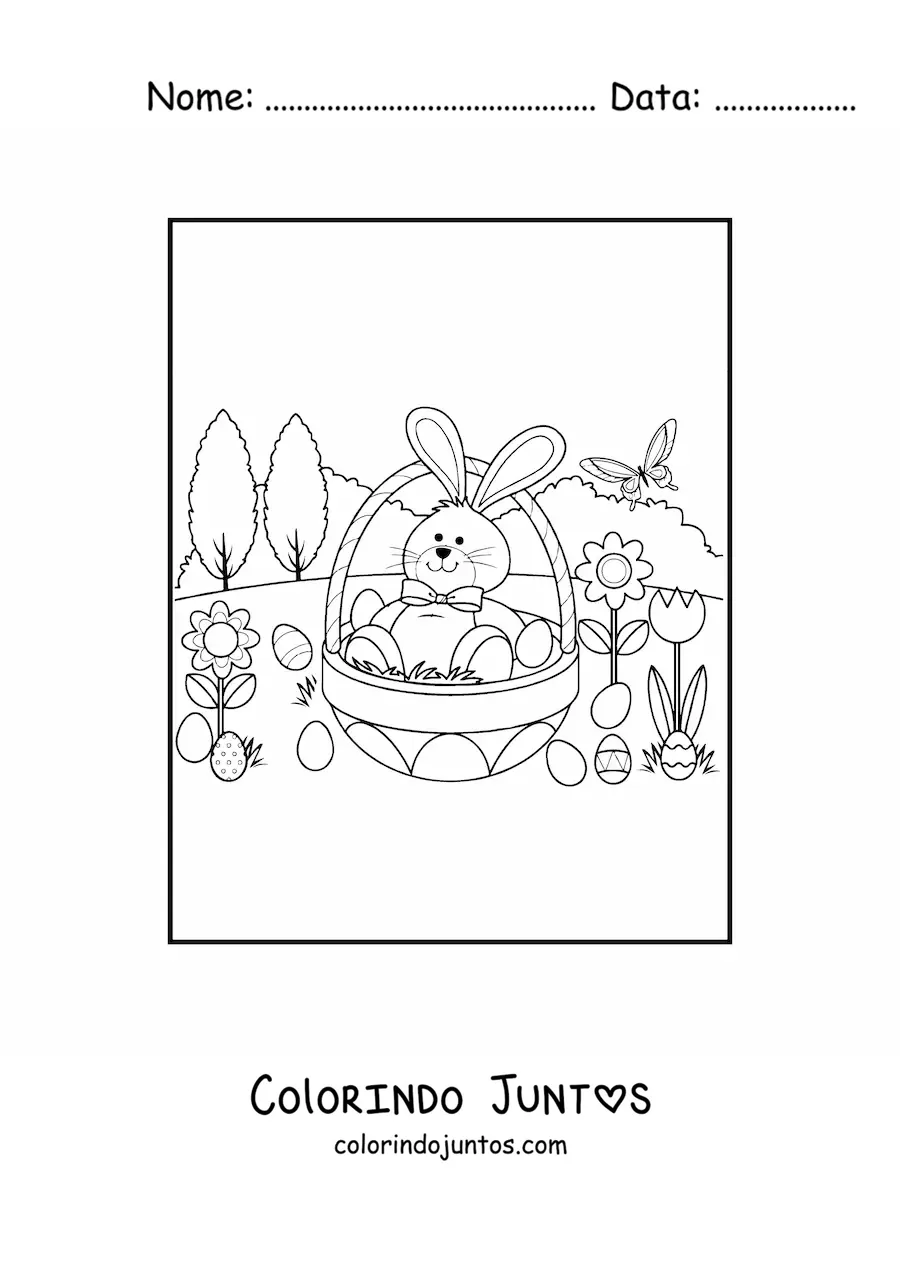 Desenho para colorir de um coelho animado dentro de um ovo de pascoa