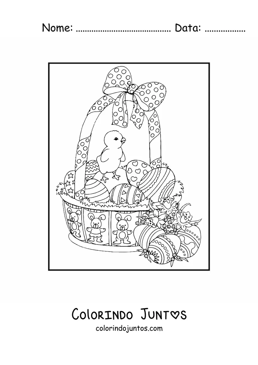 Desenho para colorir de uma cesta de ovos de pascoa com pintinho e flores