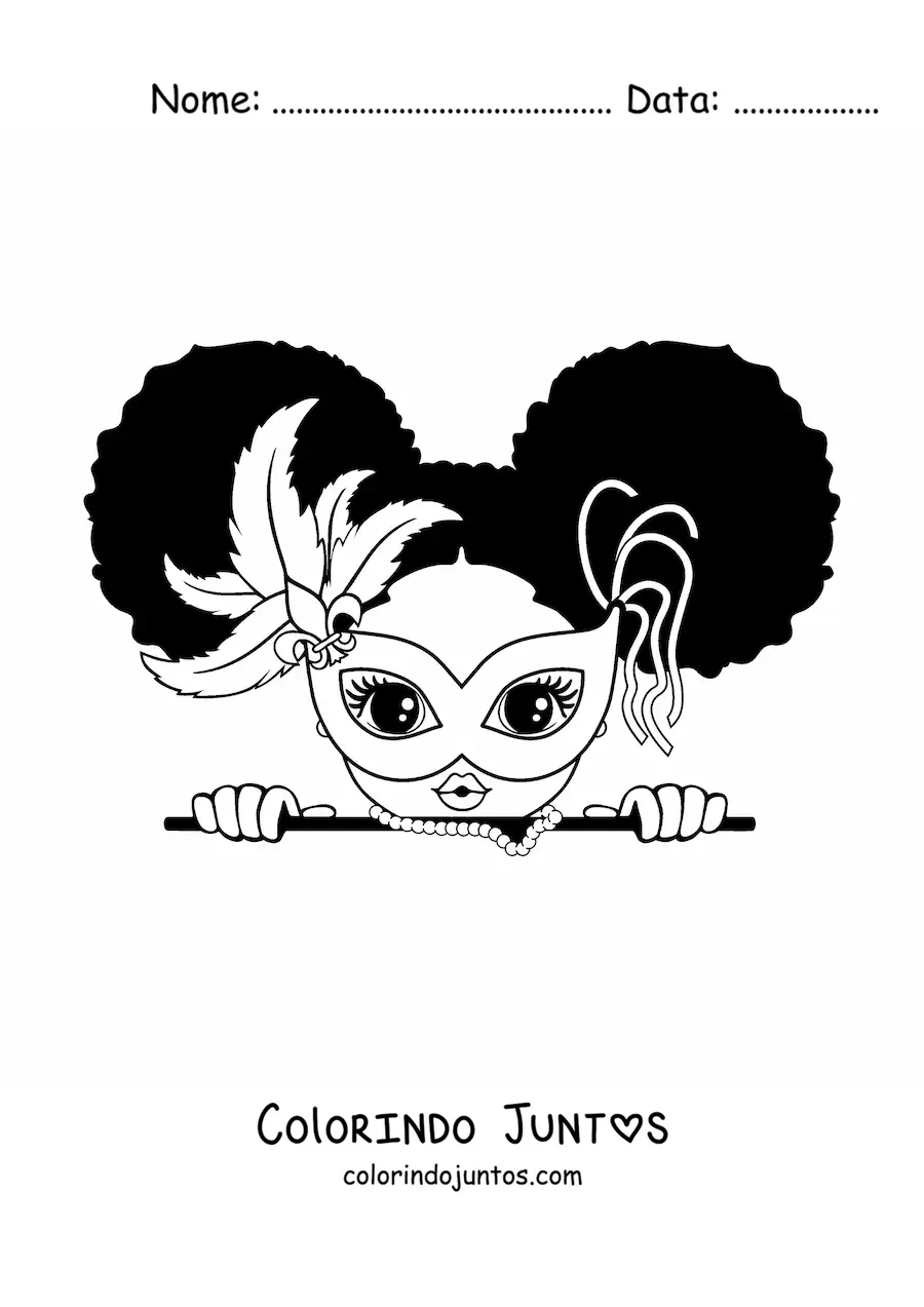 Desenho para colorir de uma menina kawaii com uma mascara de carnaval