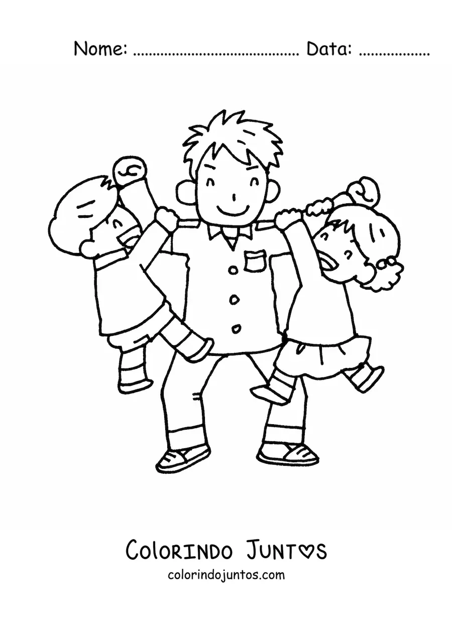Desenho para colorir de um pai brincando com seus dois filhos