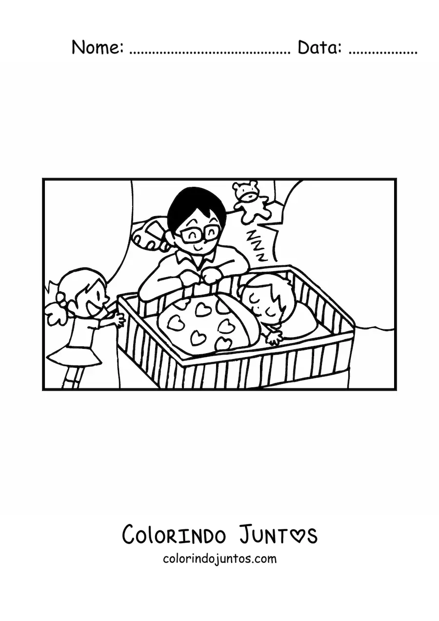 Desenho para colorir de um pai colocando o filho para dormir