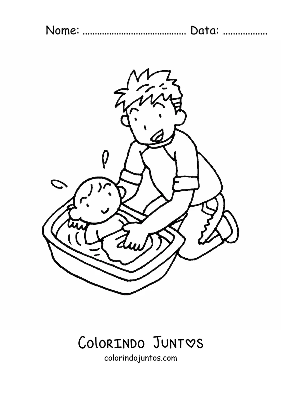 Desenho para colorir de um pai dando banho no filho