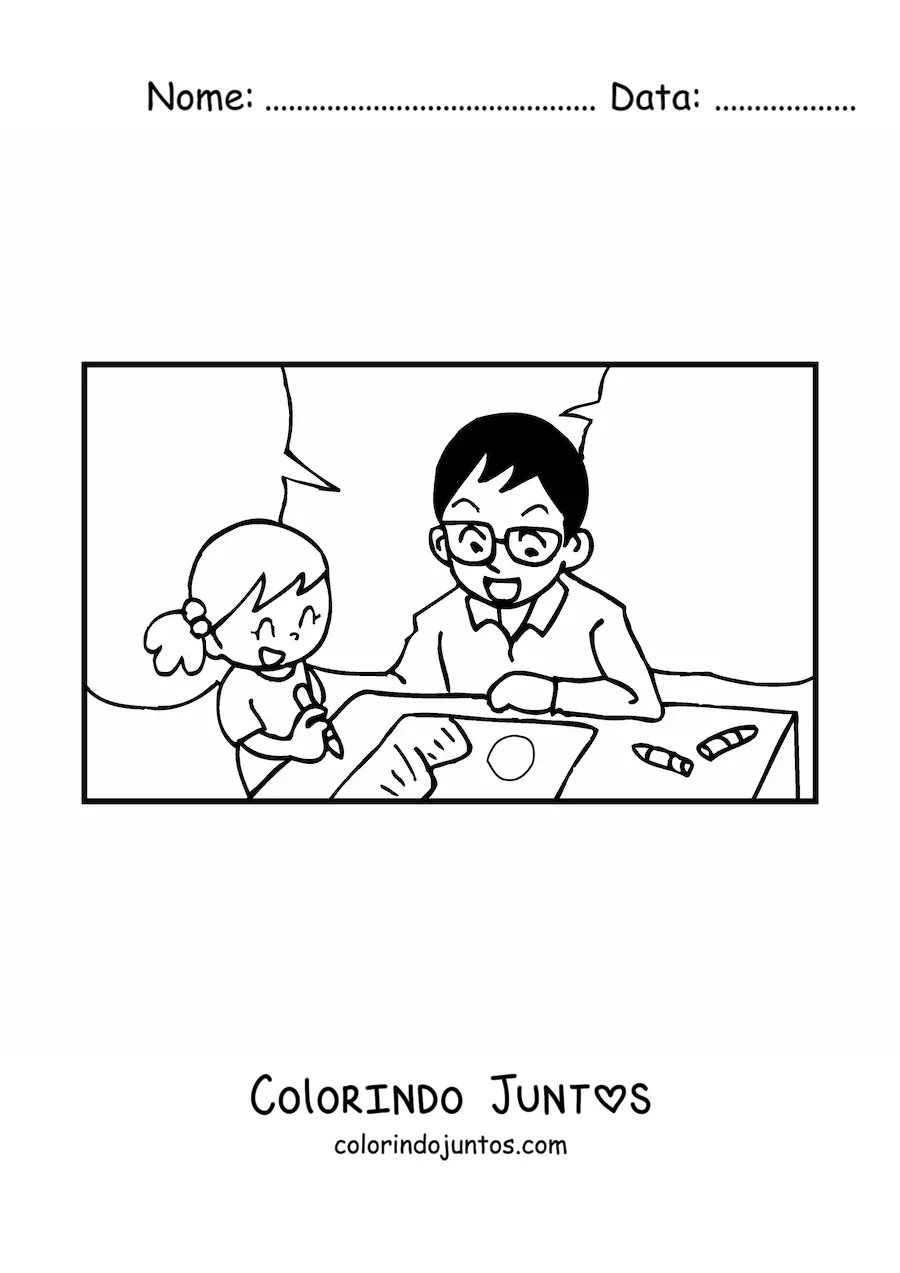 Desenho para colorir de um pai colorindo com sua filha