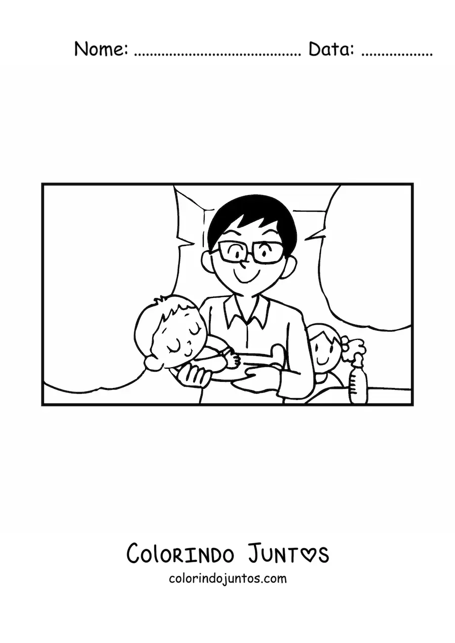 Desenho para colorir de um pai carregando seu bebe