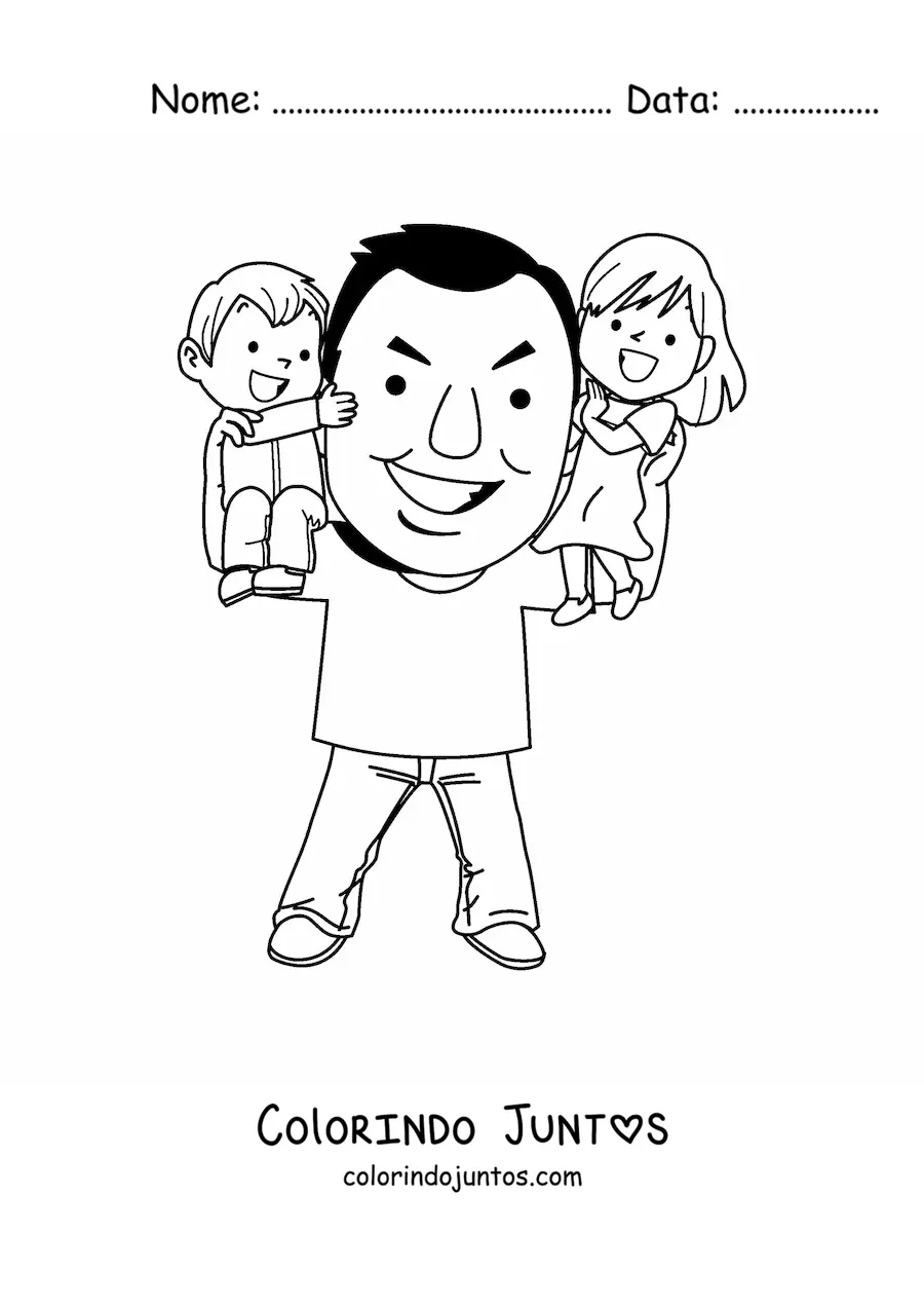 Desenho para colorir de um pai carregando seus filhos
