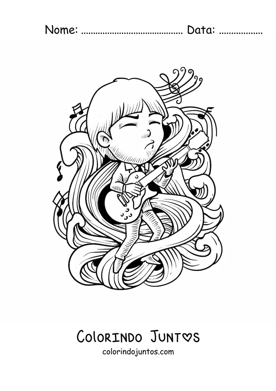 Desenho para colorir de um roqueiro animado tocando uma guitarra eletrica