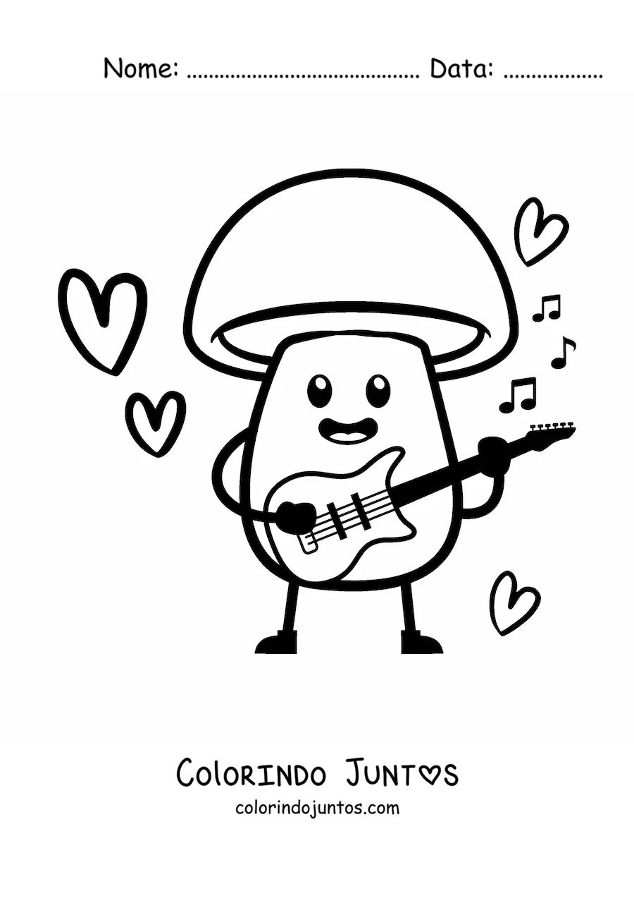 Desenho para colorir de um cogumelo animado kawaii tocando um violao
