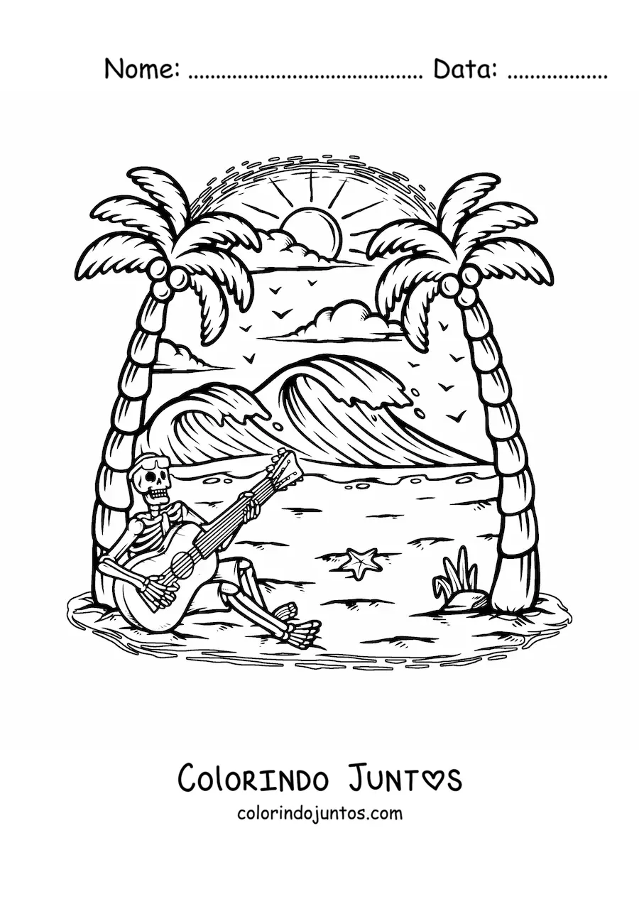 Desenho para colorir de um esqueleto humano animado tocando um violao sentado na praia