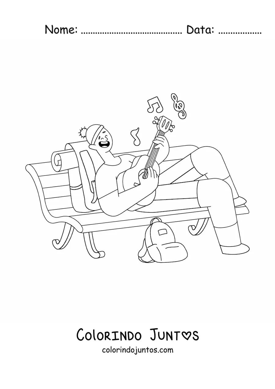 Desenho para colorir de um cantor recostado em um banco tocando o violao