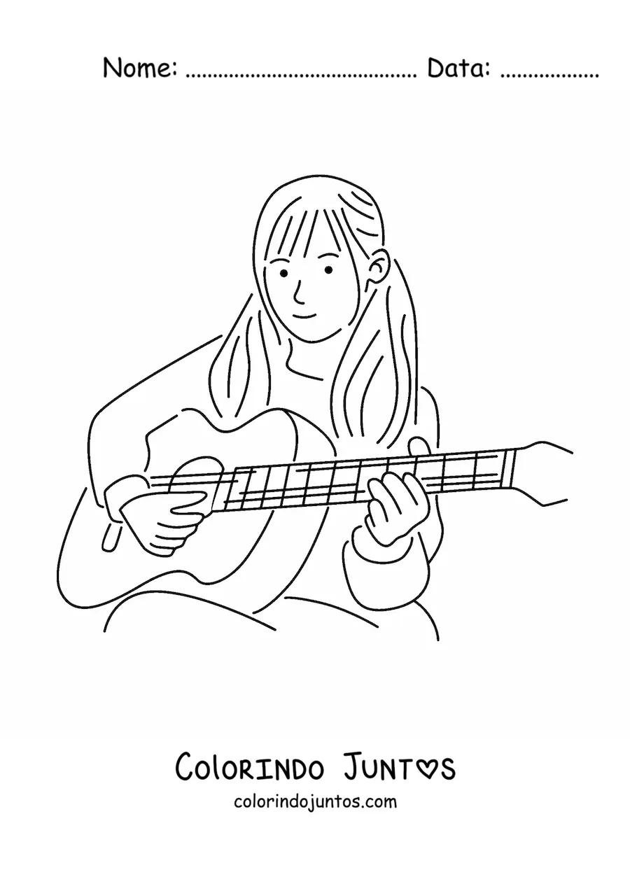 Desenho para colorir de uma menina sentada tocando um violao classico