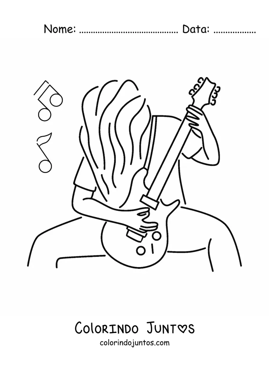 Desenho para colorir de um roqueiro tocando uma guitarra eletrica