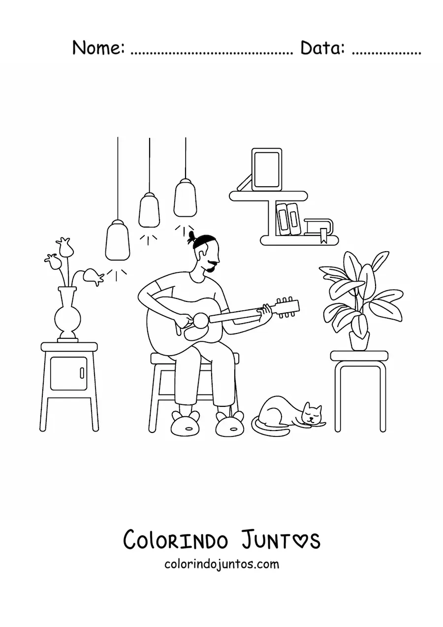 Desenho para colorir de um menino tocando o violao em casa
