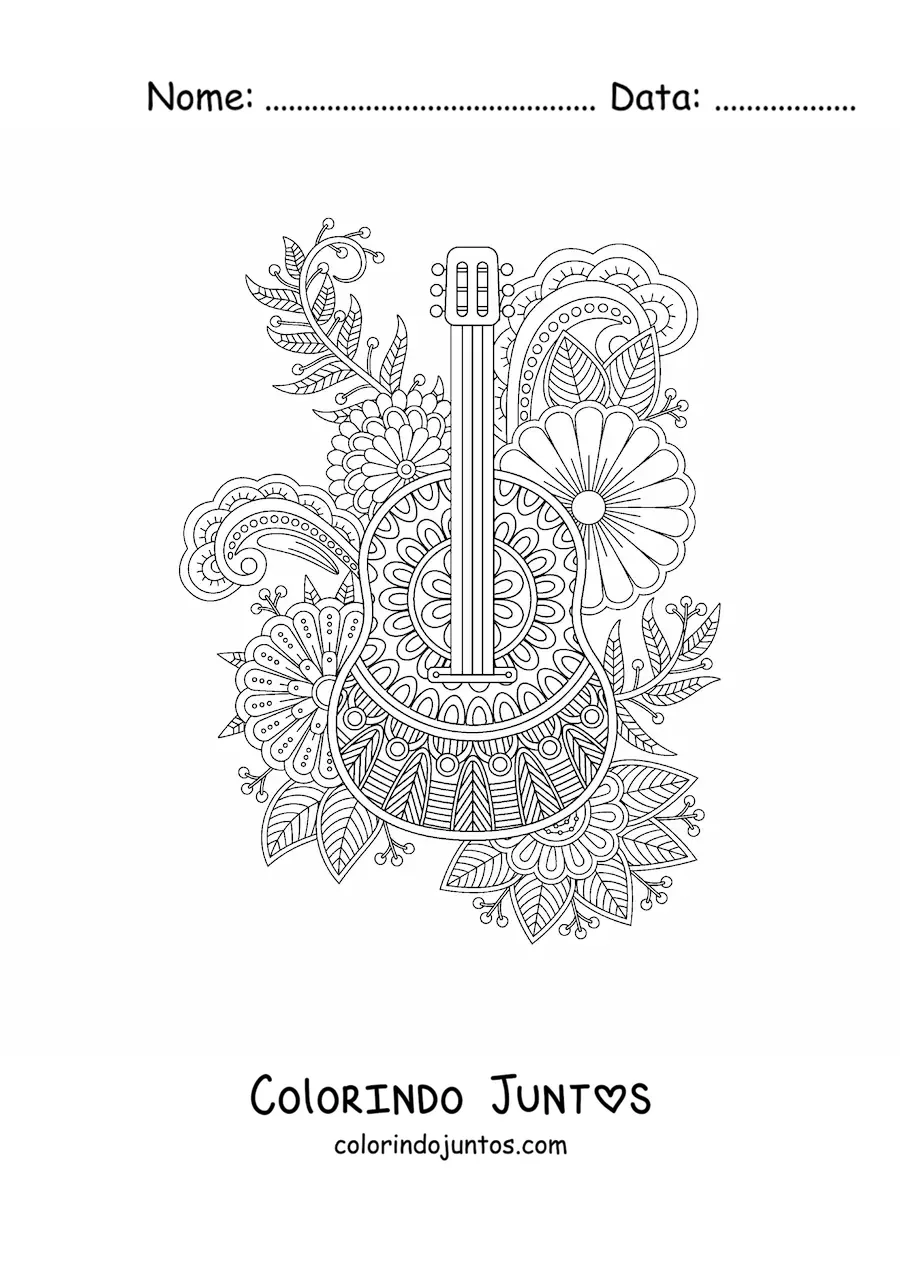Desenho para colorir de uma mandala em forma de violao classico