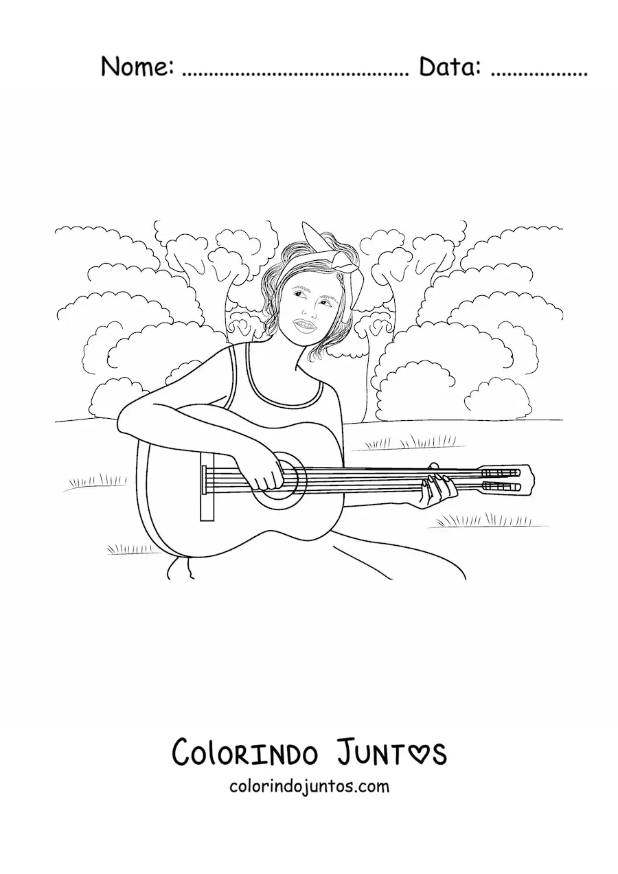 Desenho para colorir de uma menina tocando o violao em um parque