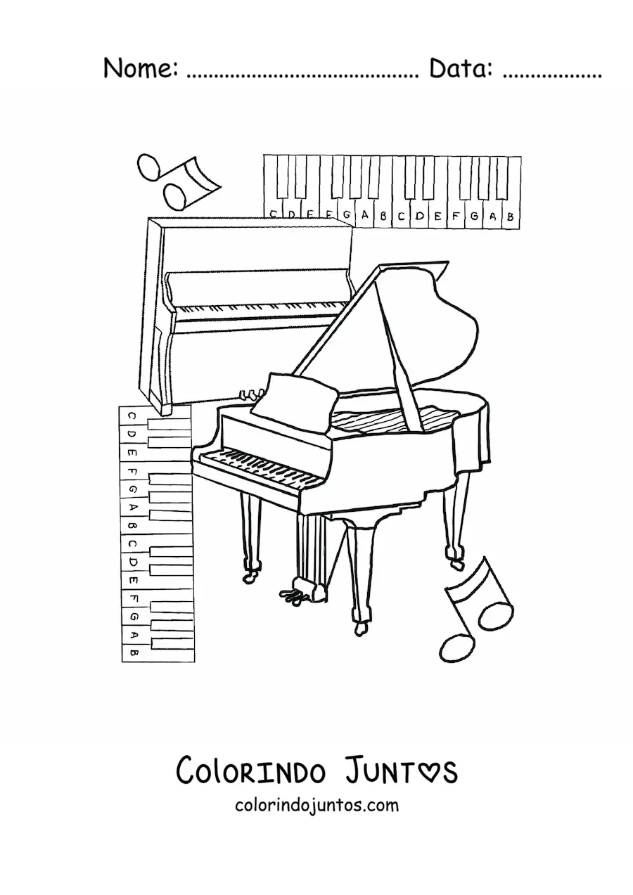 Desenho para colorir de varios tipos de pianos