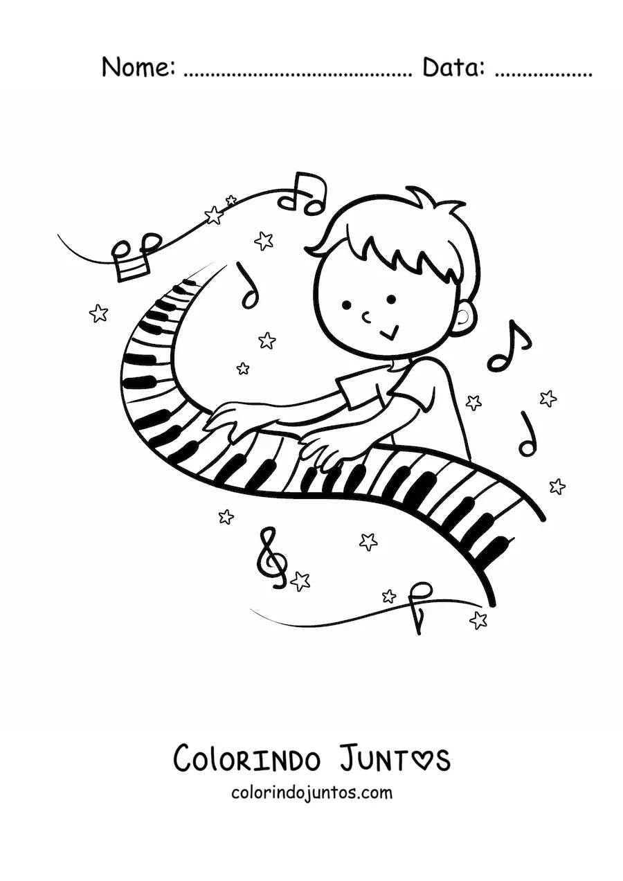 Desenho para colorir de um menino tocando o piano