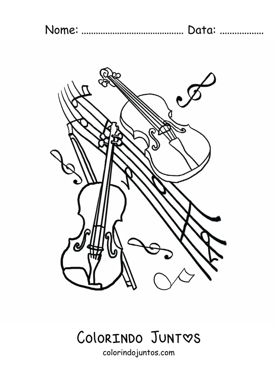 Desenho para colorir de dois violinos rodeados de notas musicais