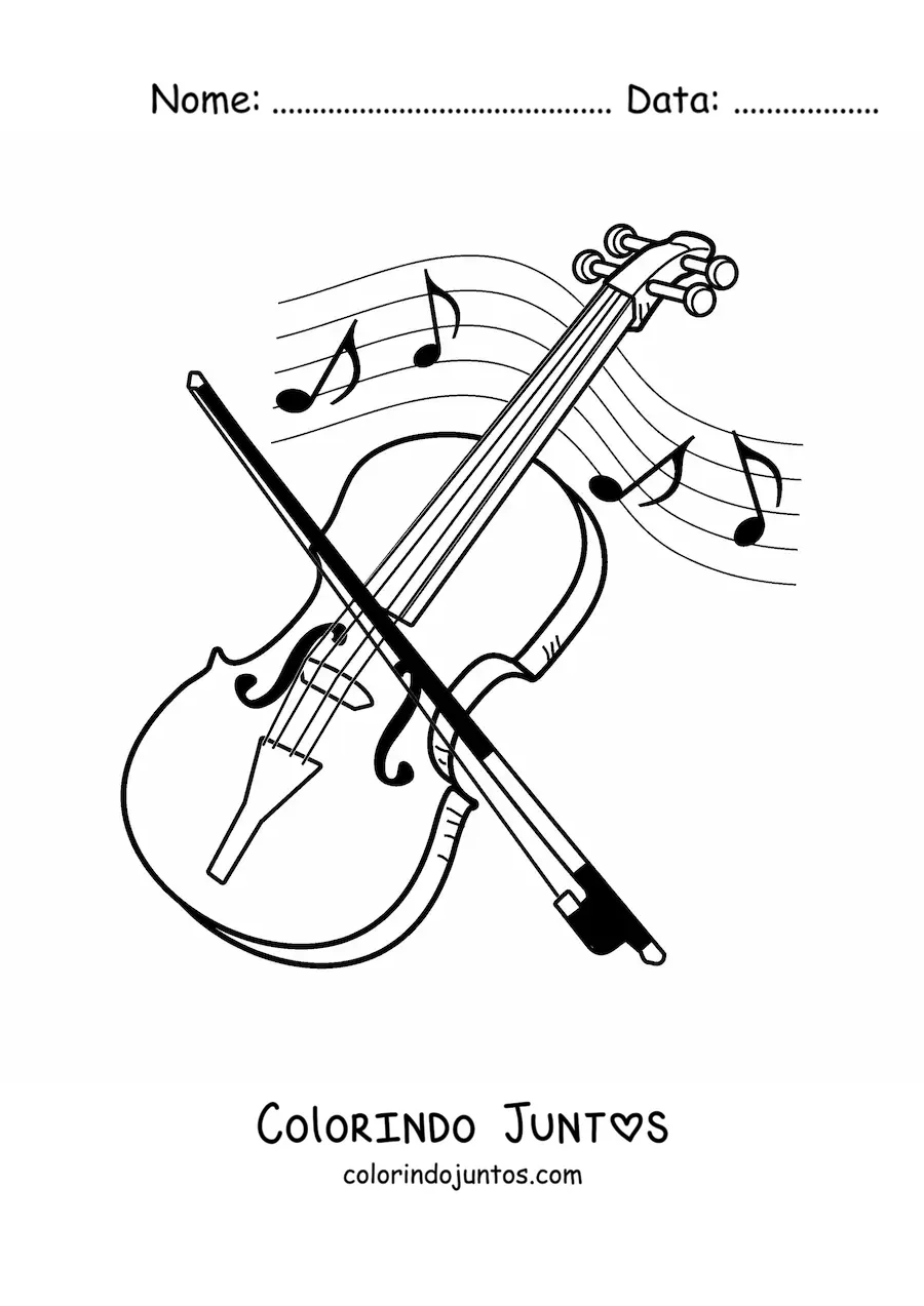 Desenho para colorir de um violino e seu arco rodeados de notas musicais