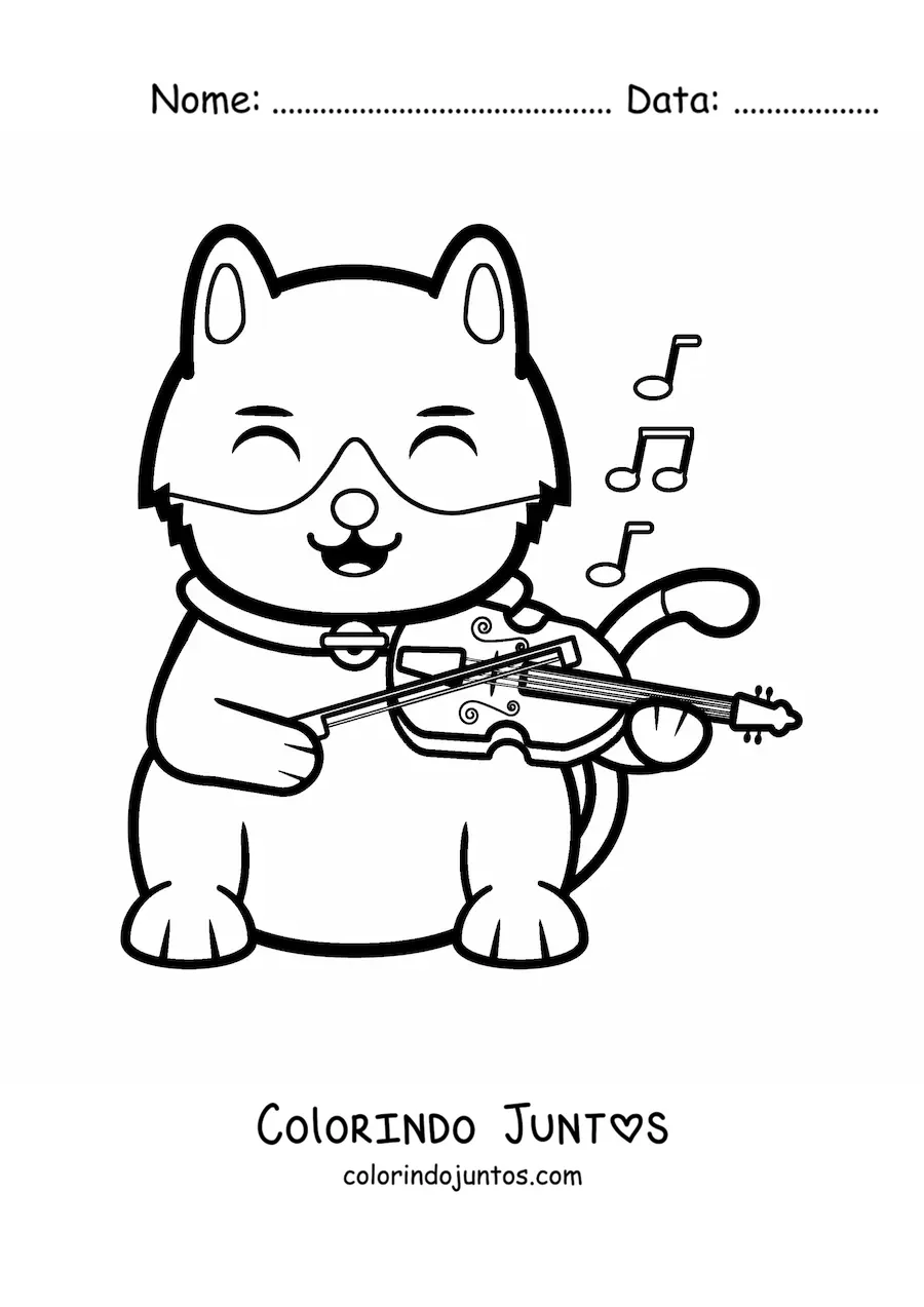 Desenho para colorir de um gato animado tocando o violino