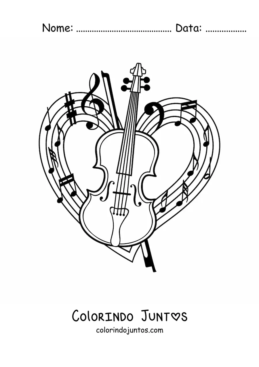 Desenho para colorir de um violino e seu arco com uma pauta em forma de coracao