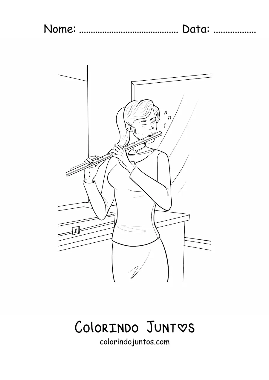 Desenho para colorir de uma menina tocando flauta transversal