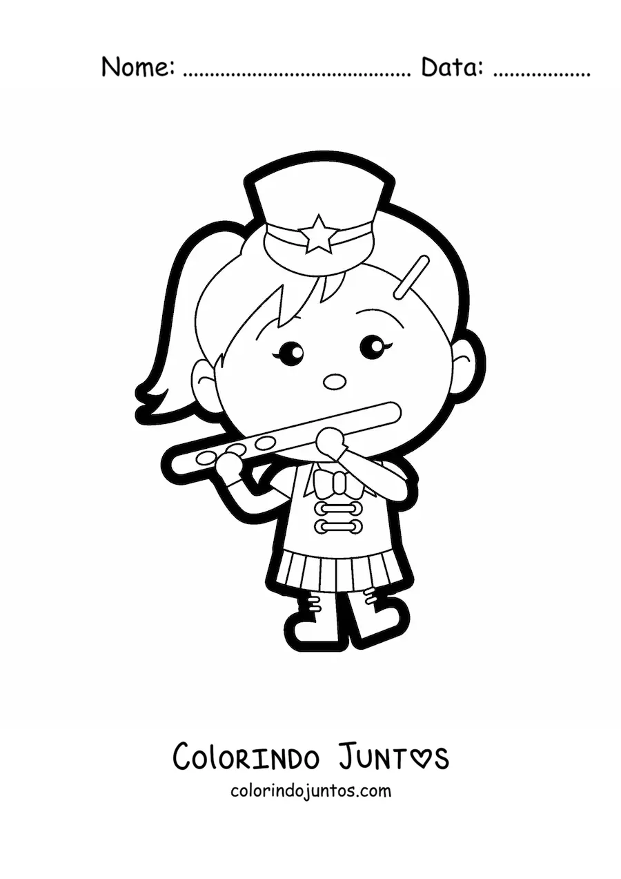 Desenho para colorir de uma menina flautista vestida com uniforme de banda marcial