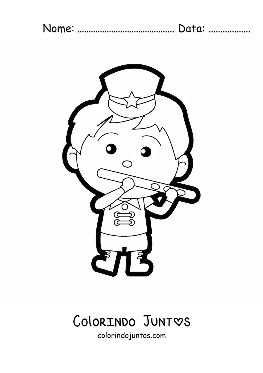 Desenho para colorir de um menino flautista vestido com uniforme de banda marcial