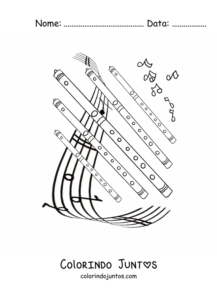 Desenho para colorir de varias flautas sobre uma pauta com notas musicais