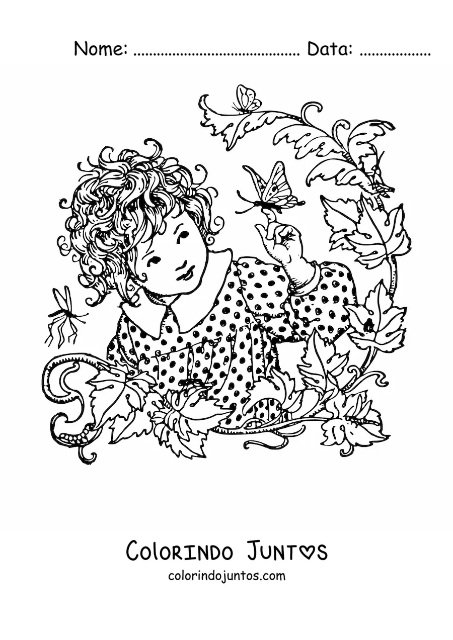 Desenho para colorir de uma menina cercada por plantas brincando com uma borboleta