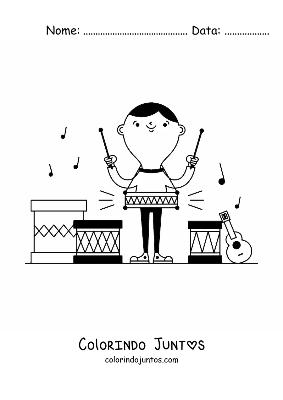 Desenho para colorir de um menino tocando tambores