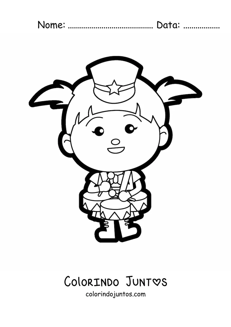 Desenho para colorir de uma menina vestida de banda marcial tocando tambores