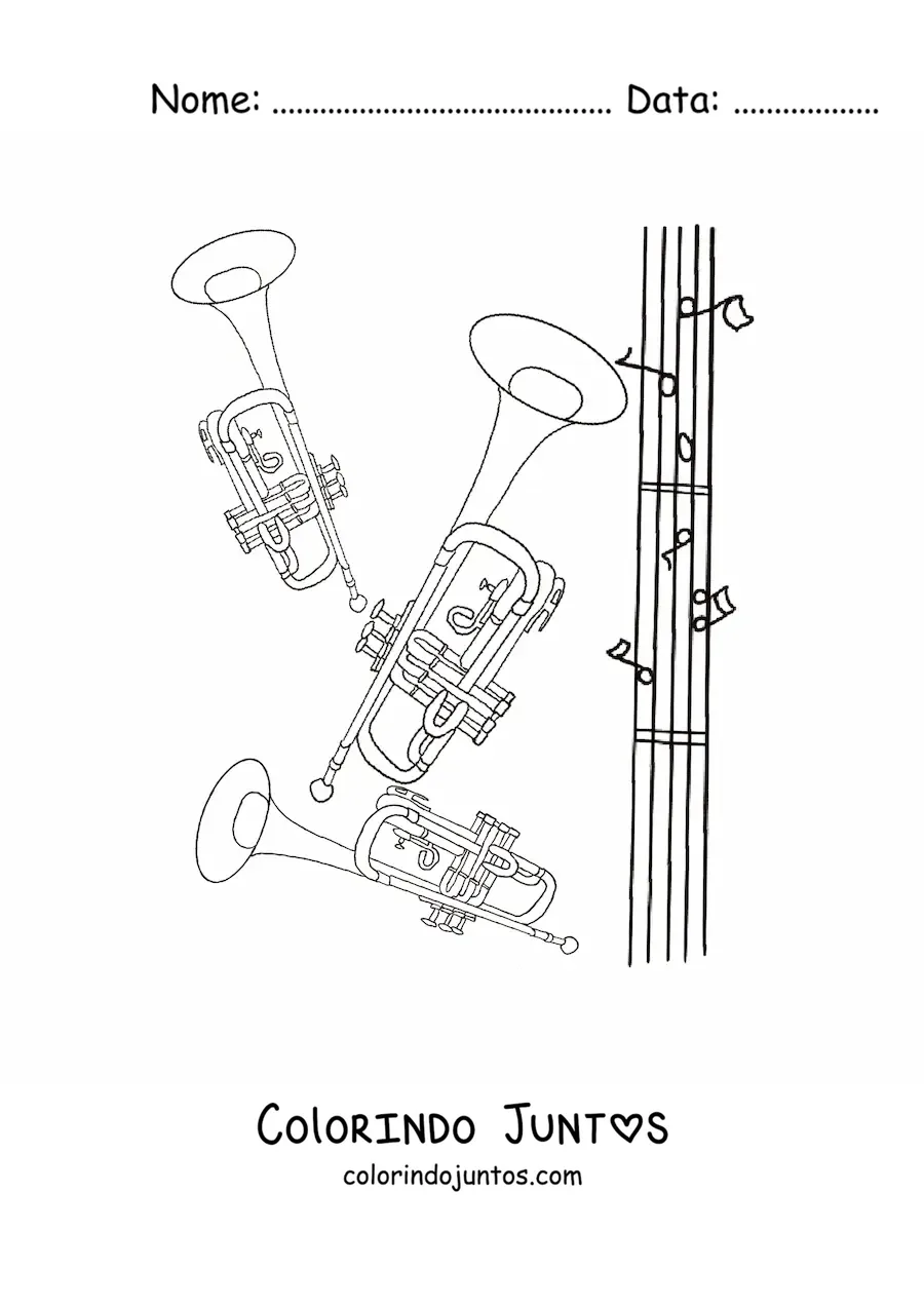 Desenho para colorir de dois trompetes junto a uma pauta com notas musicais