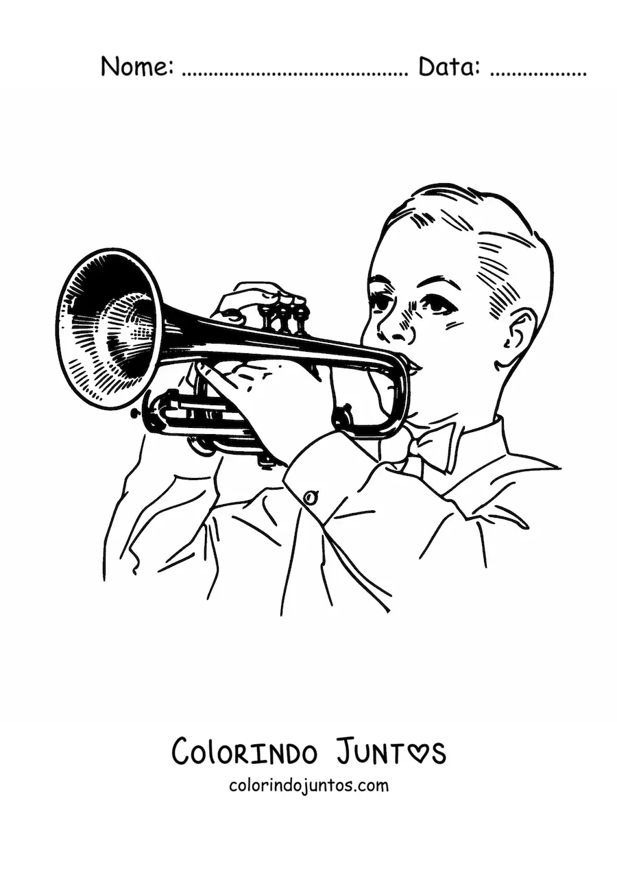 Desenho para colorir de um menino tocando trompete