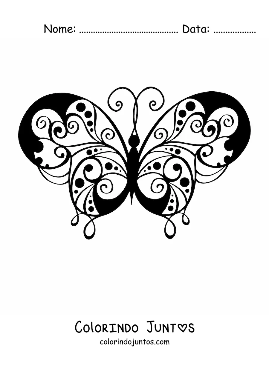 Desenho para colorir de uma borboleta com desenhos nas asas
