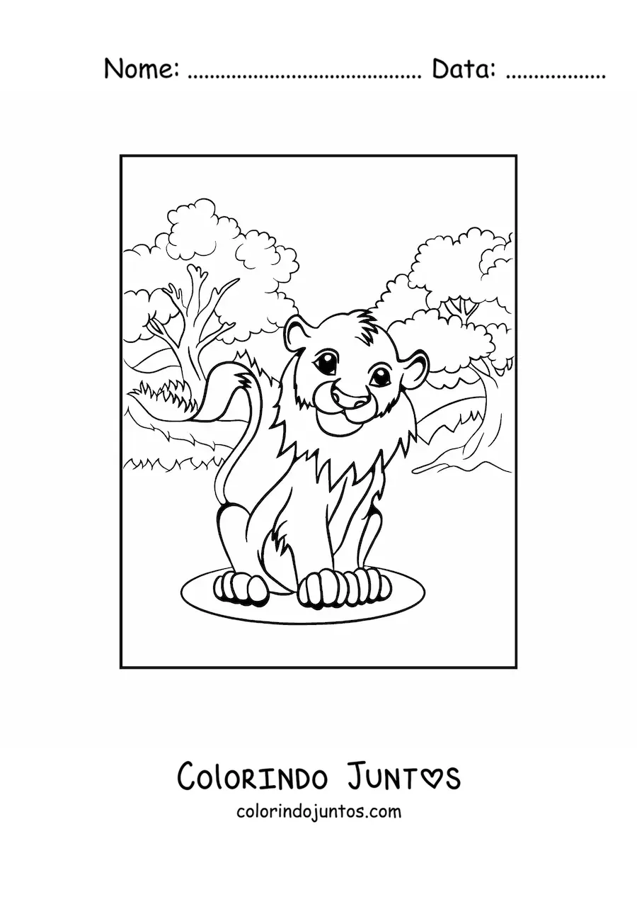 Desenho para colorir de um leaozinho fofo sentado na savana