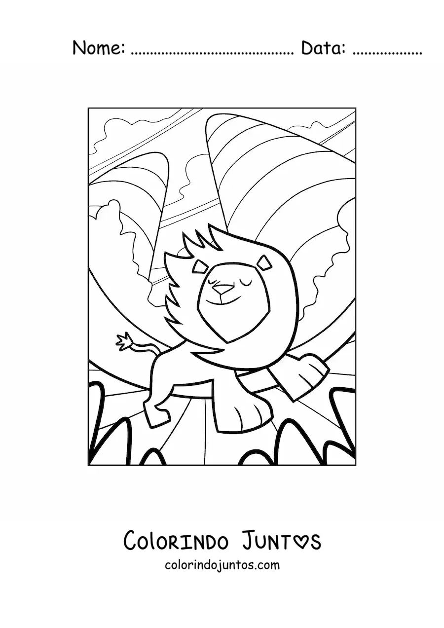 Desenho para colorir de um leao animado caminhando com a juba ao vento em uma paisagem natural