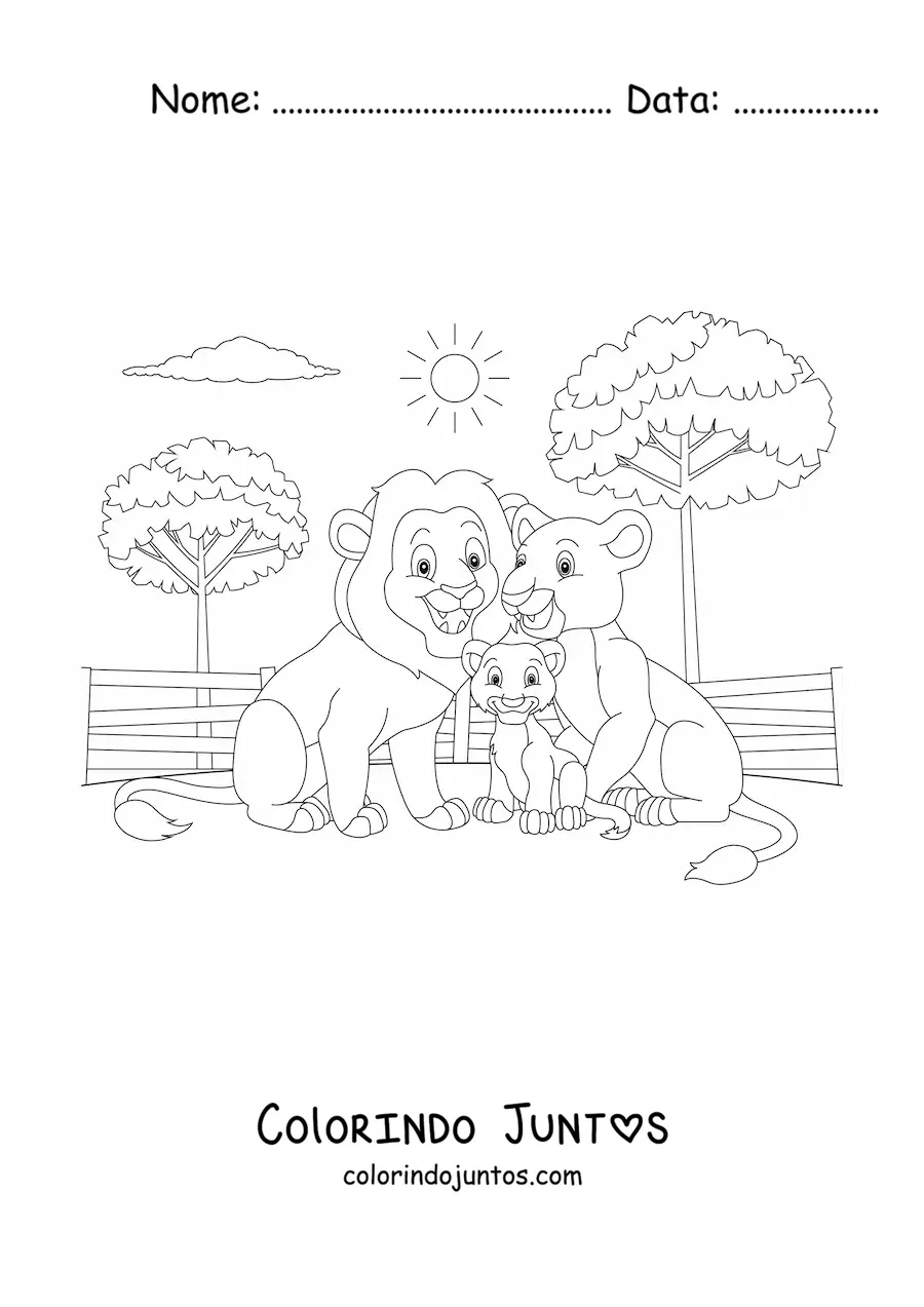 Desenho para colorir de uma familia de leoes com um leao bebe sorrindo no zoologico