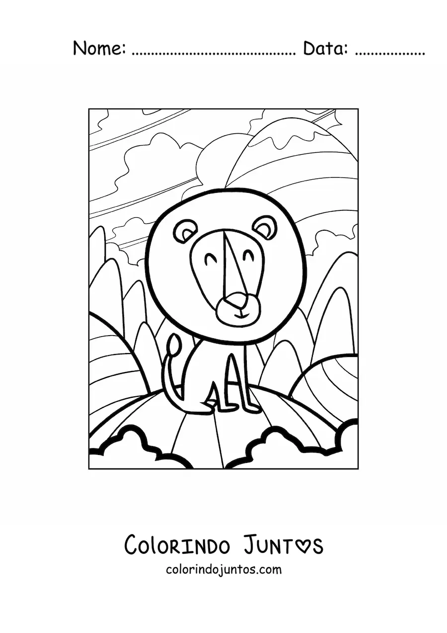 Desenho para colorir de um leao animado feliz com uma grande juba redonda em seu habitat